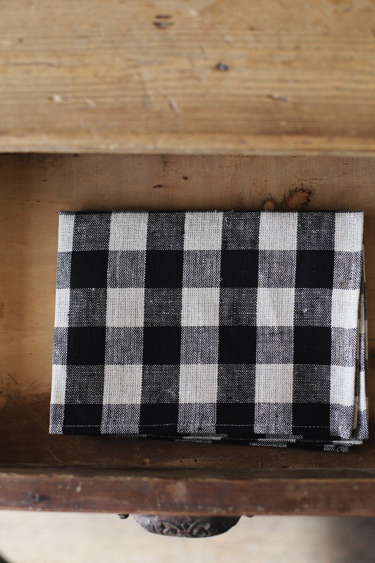 Thick Linen Tea Towel - Black Natural Check